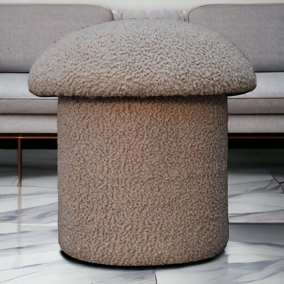 Mushroom Footstool Upholstered Solid Wood Boucle Fabric, Brown