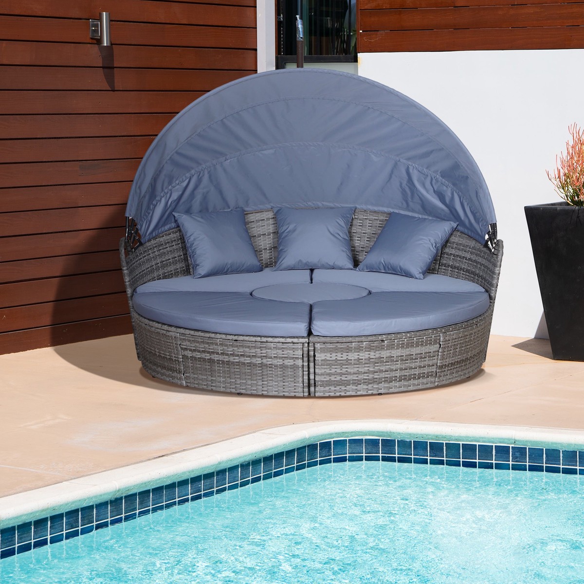 PE Rattan Lounge Set, 5-Piece Round Sofa Bed with Retractable Canopy, Grey