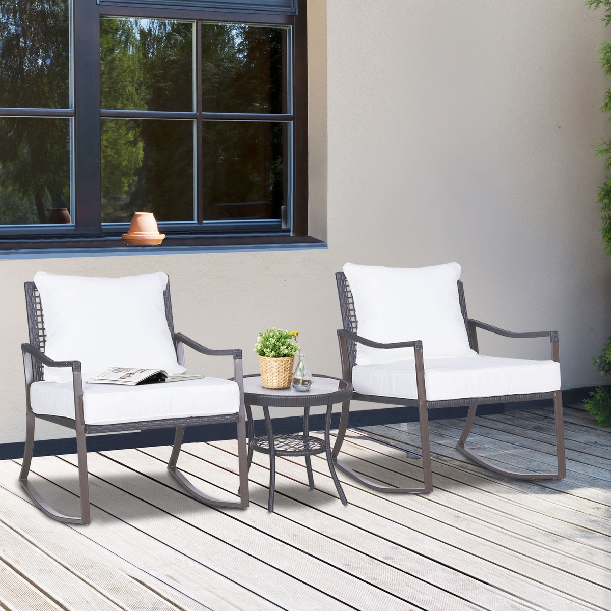 Rattan Bistro Set 3 Pieces Wicker Rocking Chairs Glass Top Table Brown