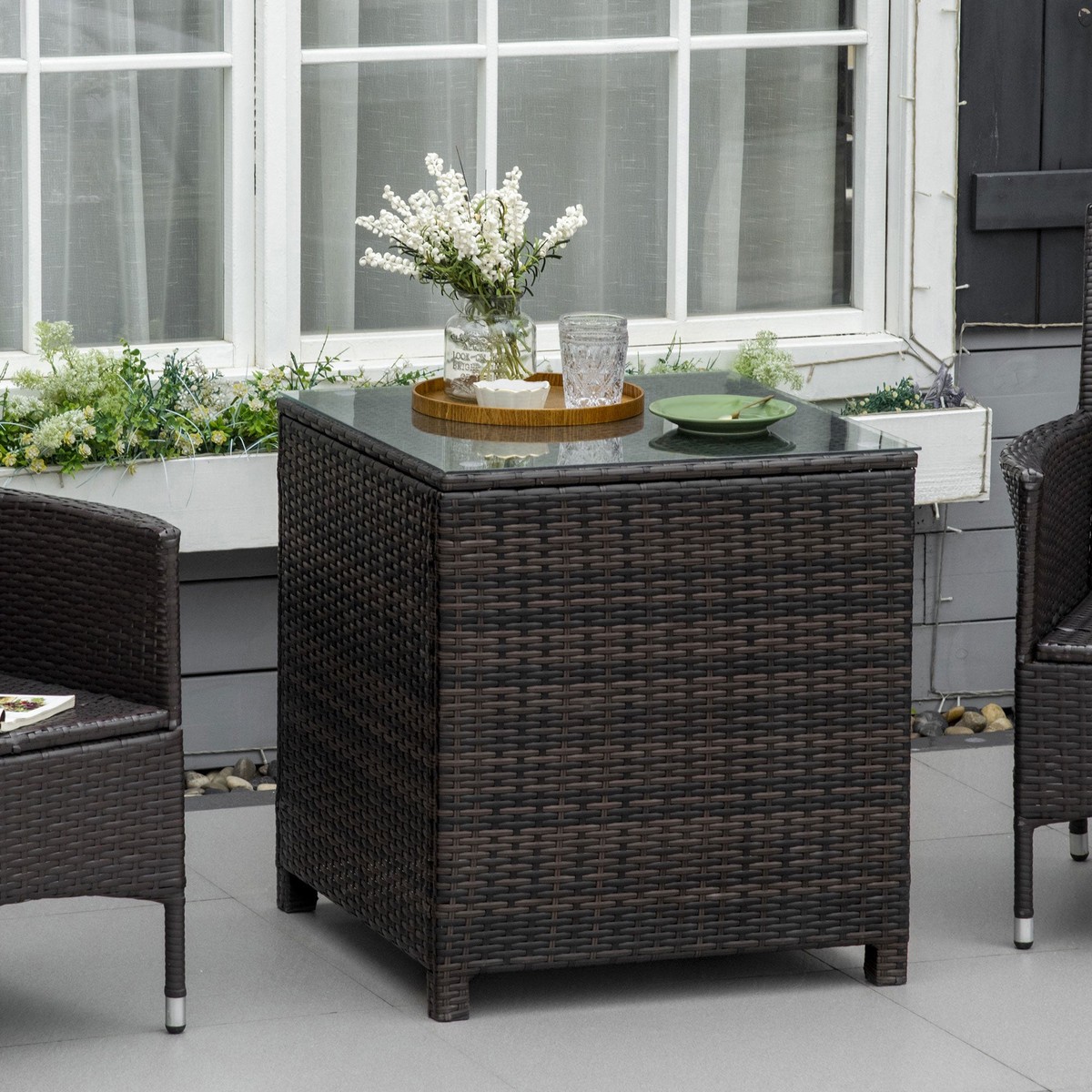 Rattan Garden Furniture Side Table Patio Frame Tempered Glass Brown
