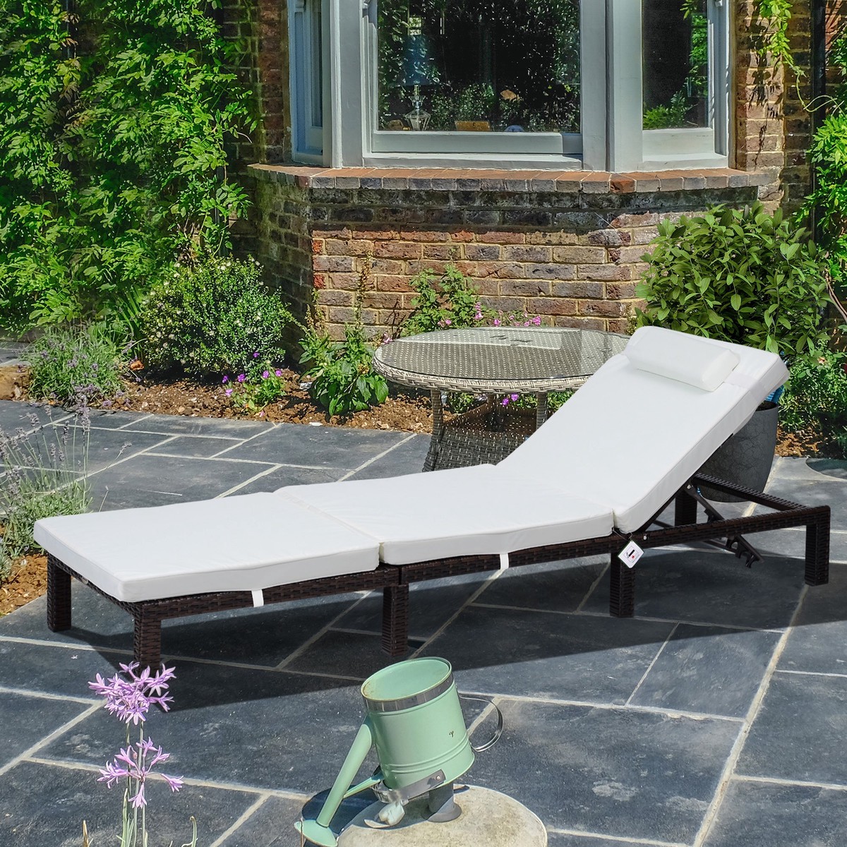 Rattan Sun Lounger 5-Level Adjustable Recliner with Cushion, Cream White
