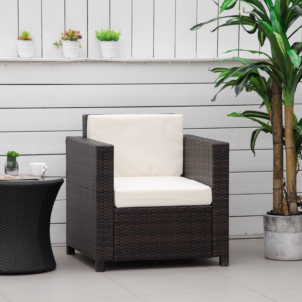 Single Seater Rattan Chair Armchair, 10 cm Thickened Cushion, PE Wicker, Brown