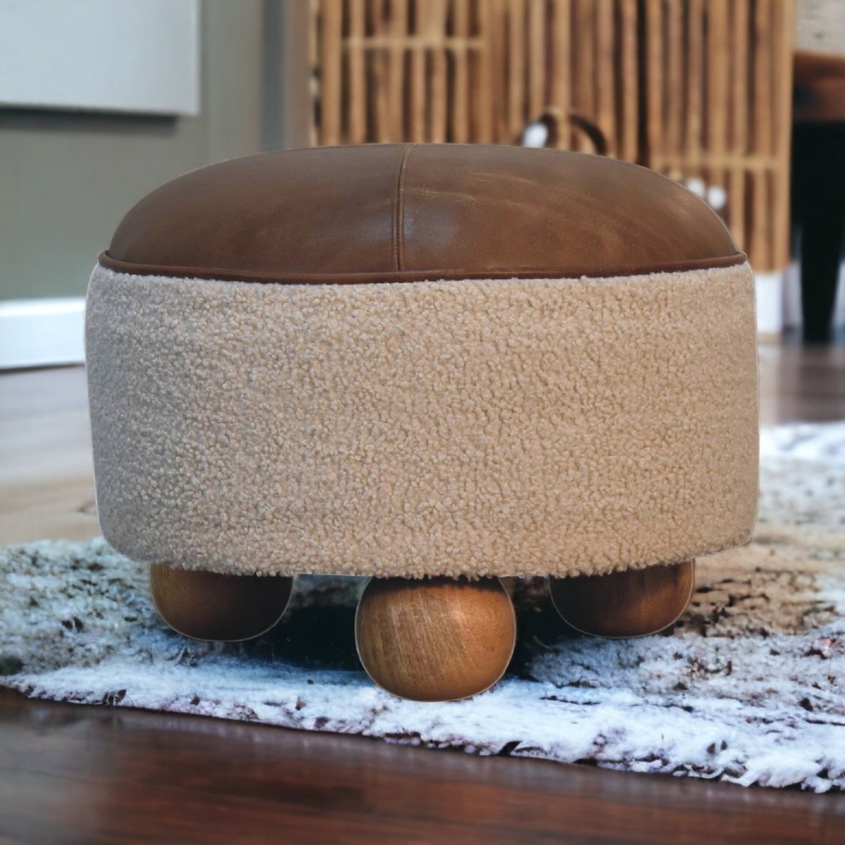 Solid Wood Boucle Buffalo Footstool Ball Feet, Cream and Brown