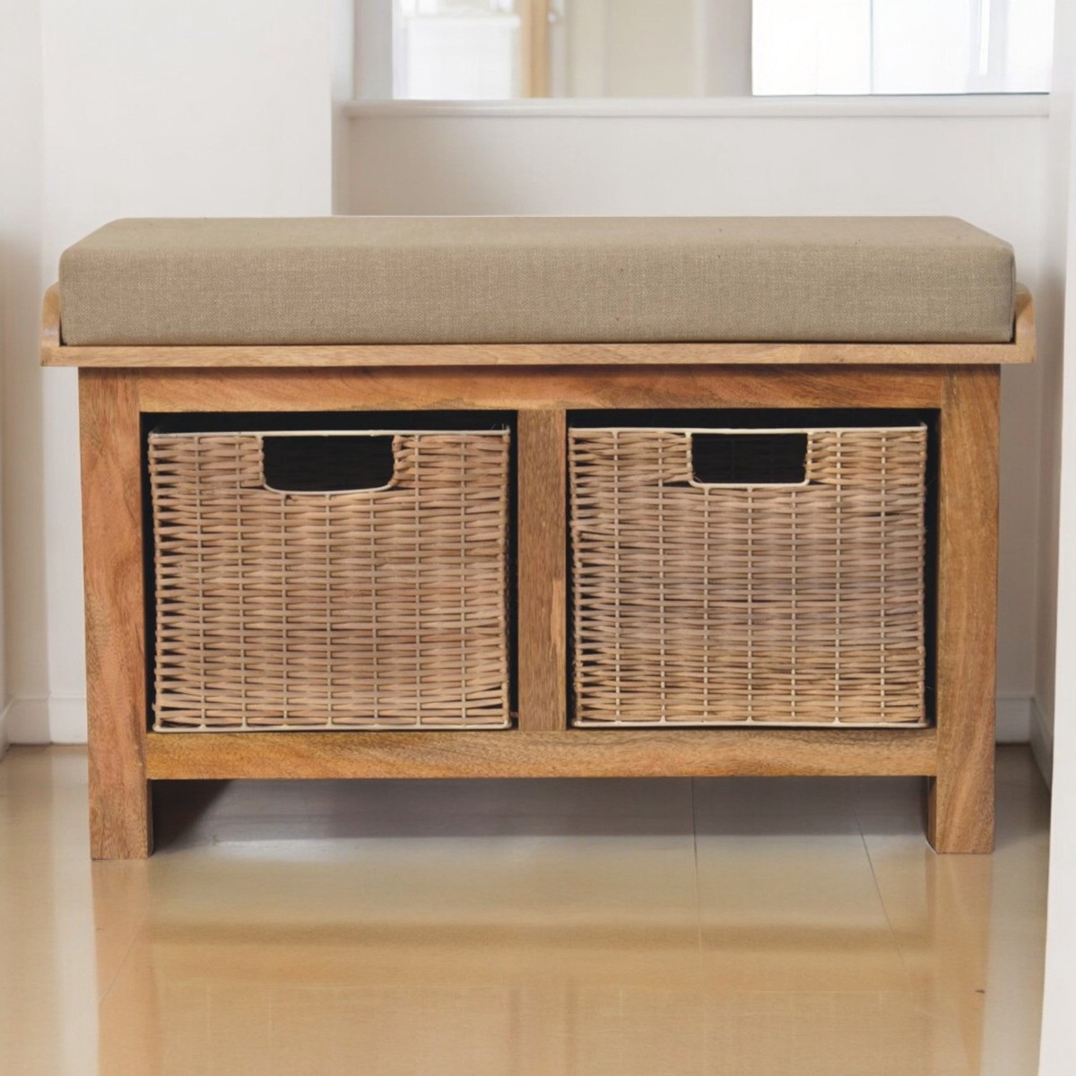 Solid Wood Rattan Basket Bench with 2 Pull-out Storage Baskets, Light Brown