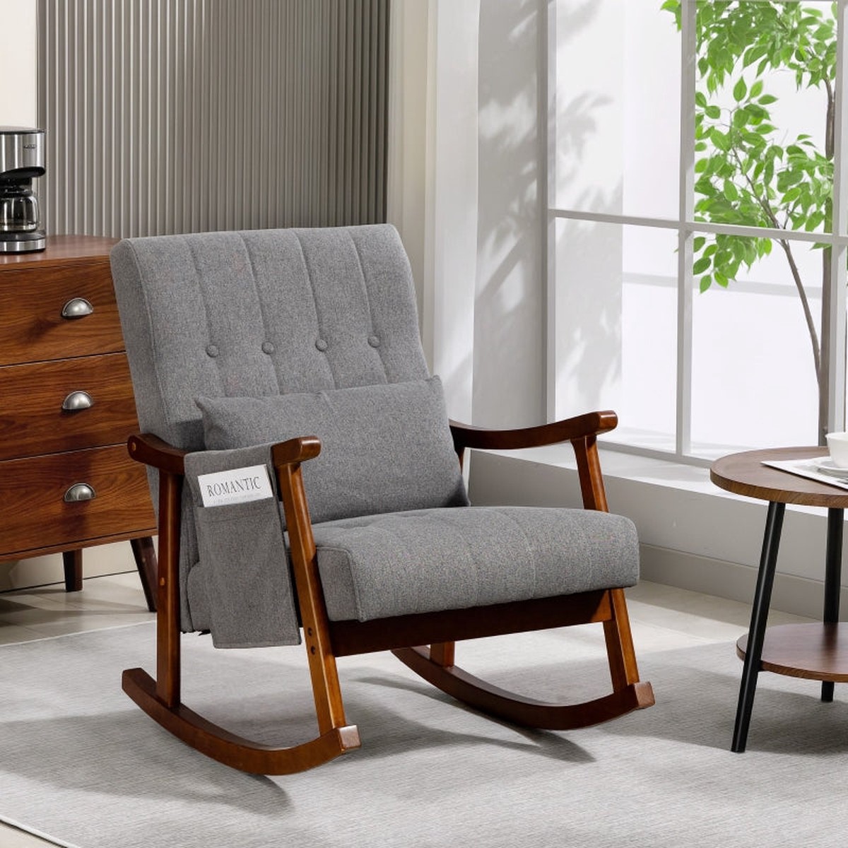 Wood Frame Rocking Accent Chair, 35 Rocking Base with Side Pocket, Grey