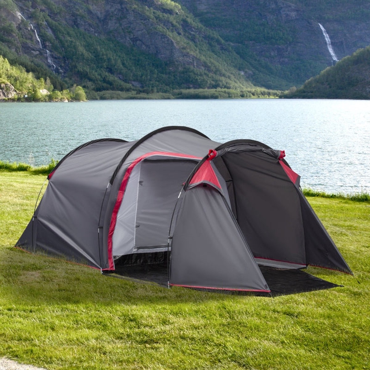 2-3 Person Tunnel Tent, Sewn-in Groundsheet, Porch, 2000mm Water Column, Grey