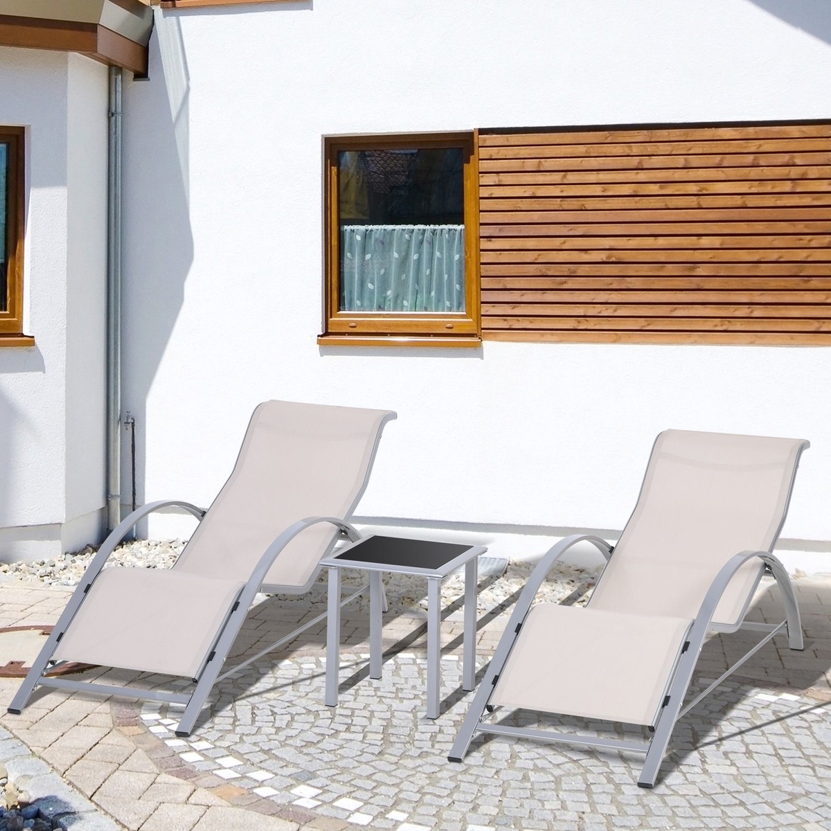 3 Pieces Lounge Chair Set Recliner Sunbathing Chair with Table, Cream