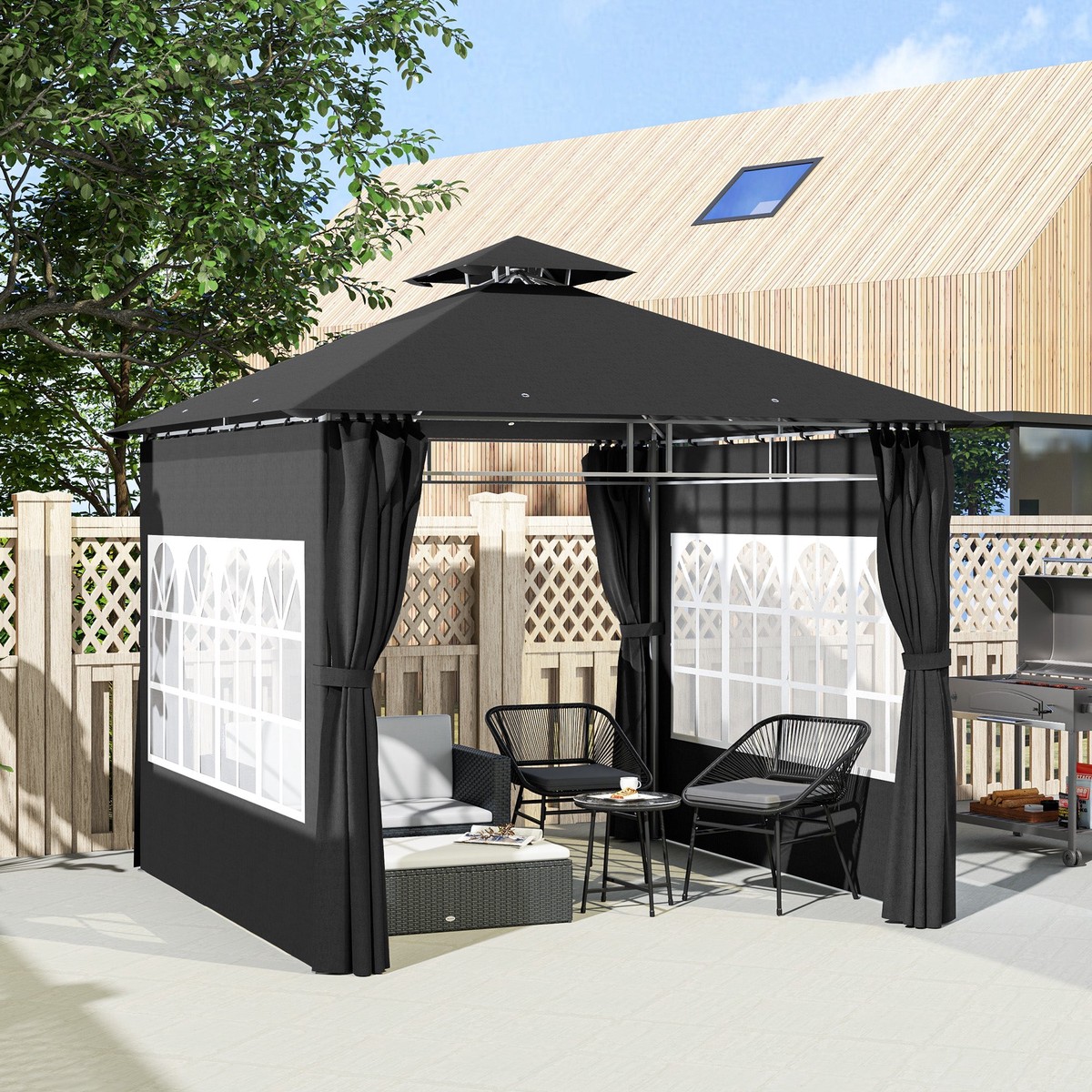 3 x 3 m Garden Gazebo, Double Roof with Removable Sidewalls and Church Windows, Black