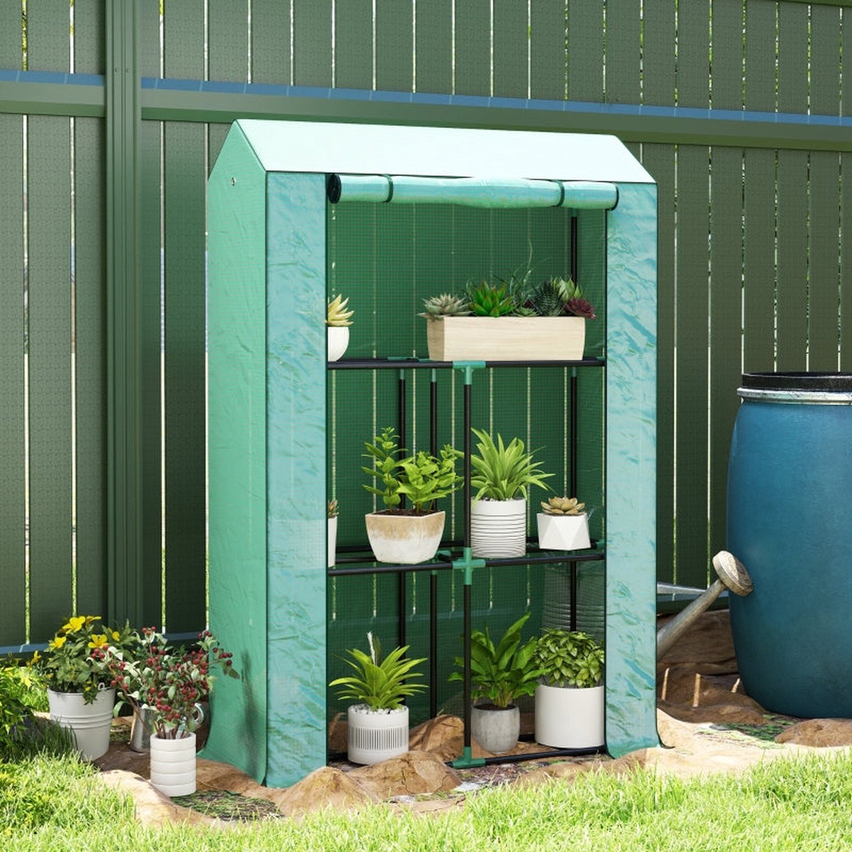 40 x 100cm Three Shelf Greenhouse, Steel Frame, Green