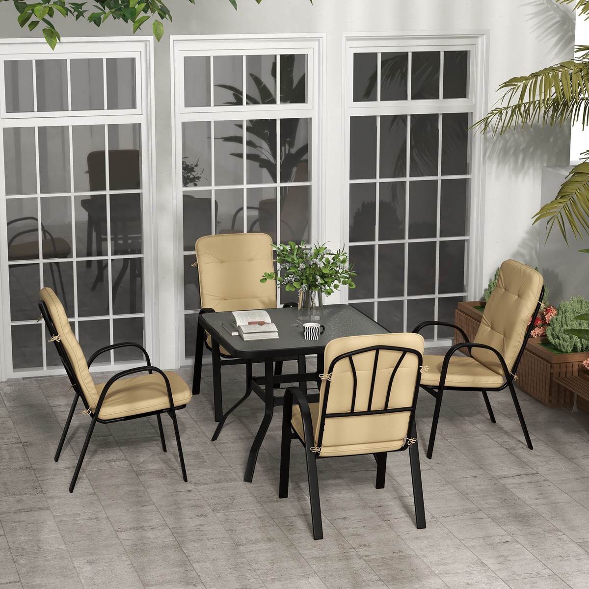5 Piece Outdoor Square Dining Set with Tempered Glass Table and 4 Cushioned Chairs, Beige
