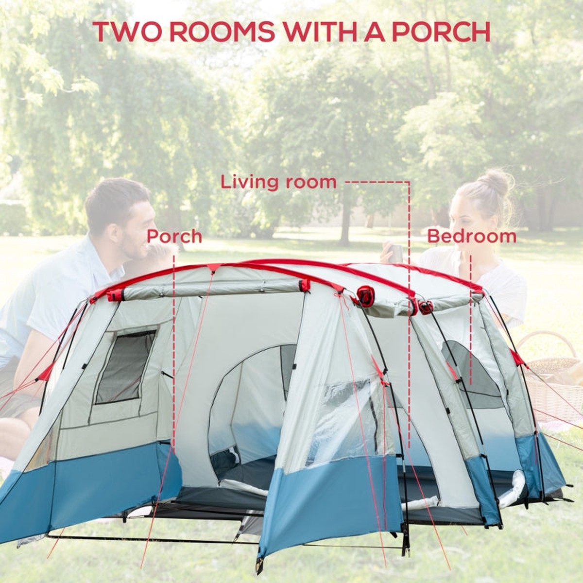 6-8 Person Tunnel Tent, Camping Tent with Bedroom & Living Room, 2000mm Water Column, Blue