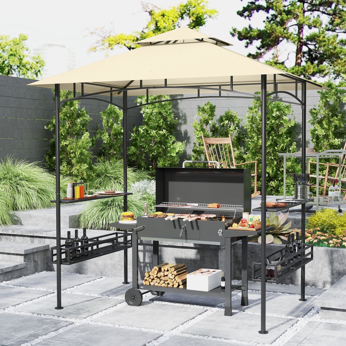 8' x 5' Grill Gazebo, Double Tier, 2 Shelves, Storage Baskets, Beige