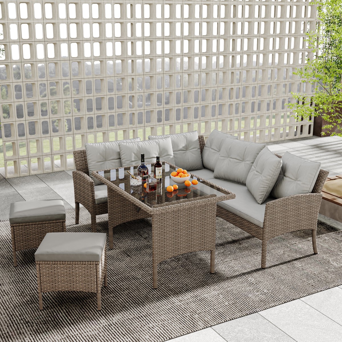 Garden Furniture Set, 6-7 Seater Rattan Patio Sofa with Table Stool, Mixed Khaki Wicker with Light Grey Cushions