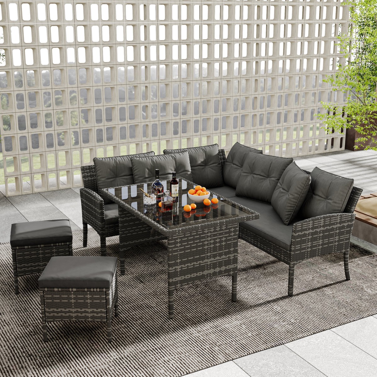 Garden Furniture Sets Rattan Patio Sofa Lounge Corner with Table Stool, Mixed Grey Wicker with Dark Grey Cushions