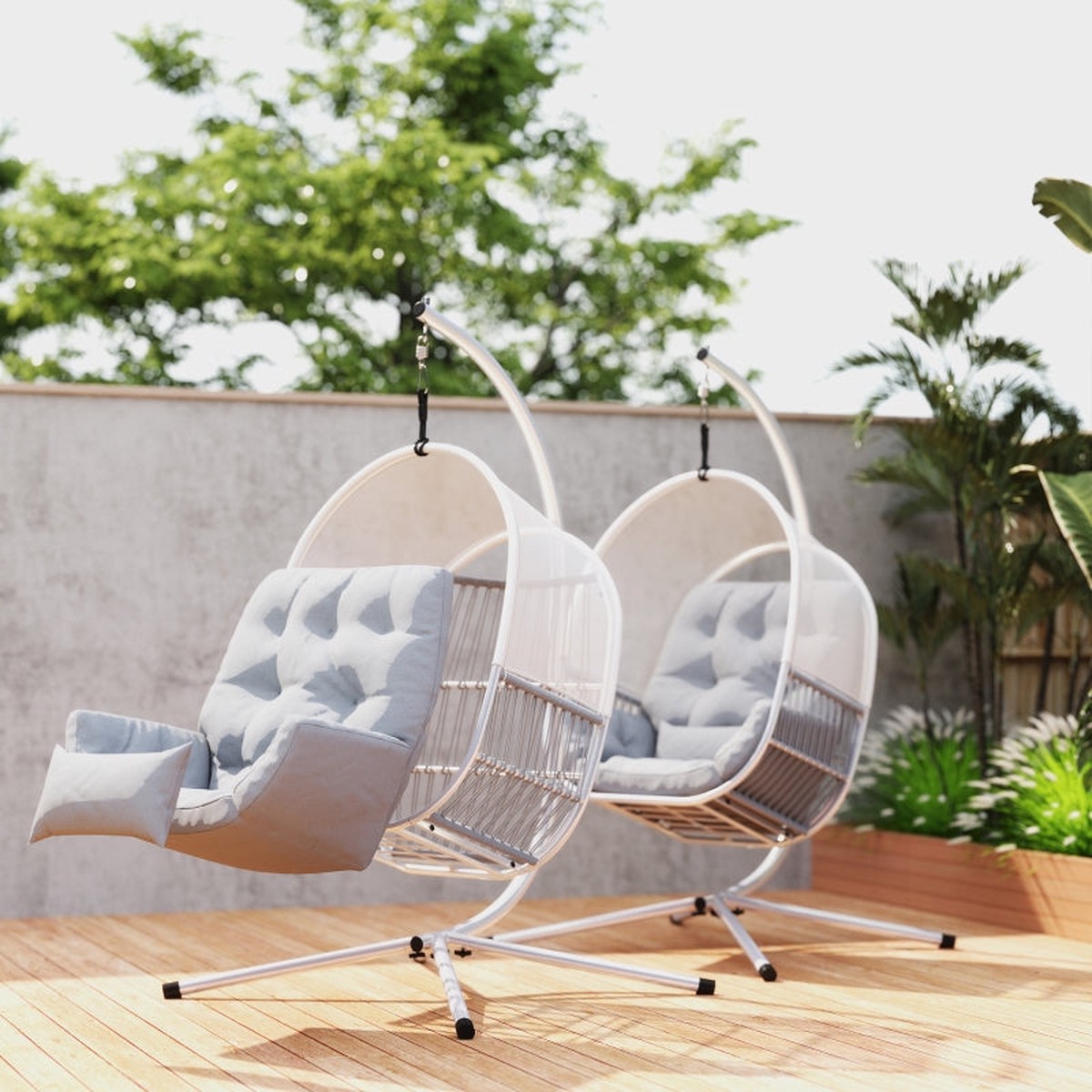 Hanging Egg Chair Swing Hammock with Stand, Cushions, Adjustable Height Steel Frame, Light Grey