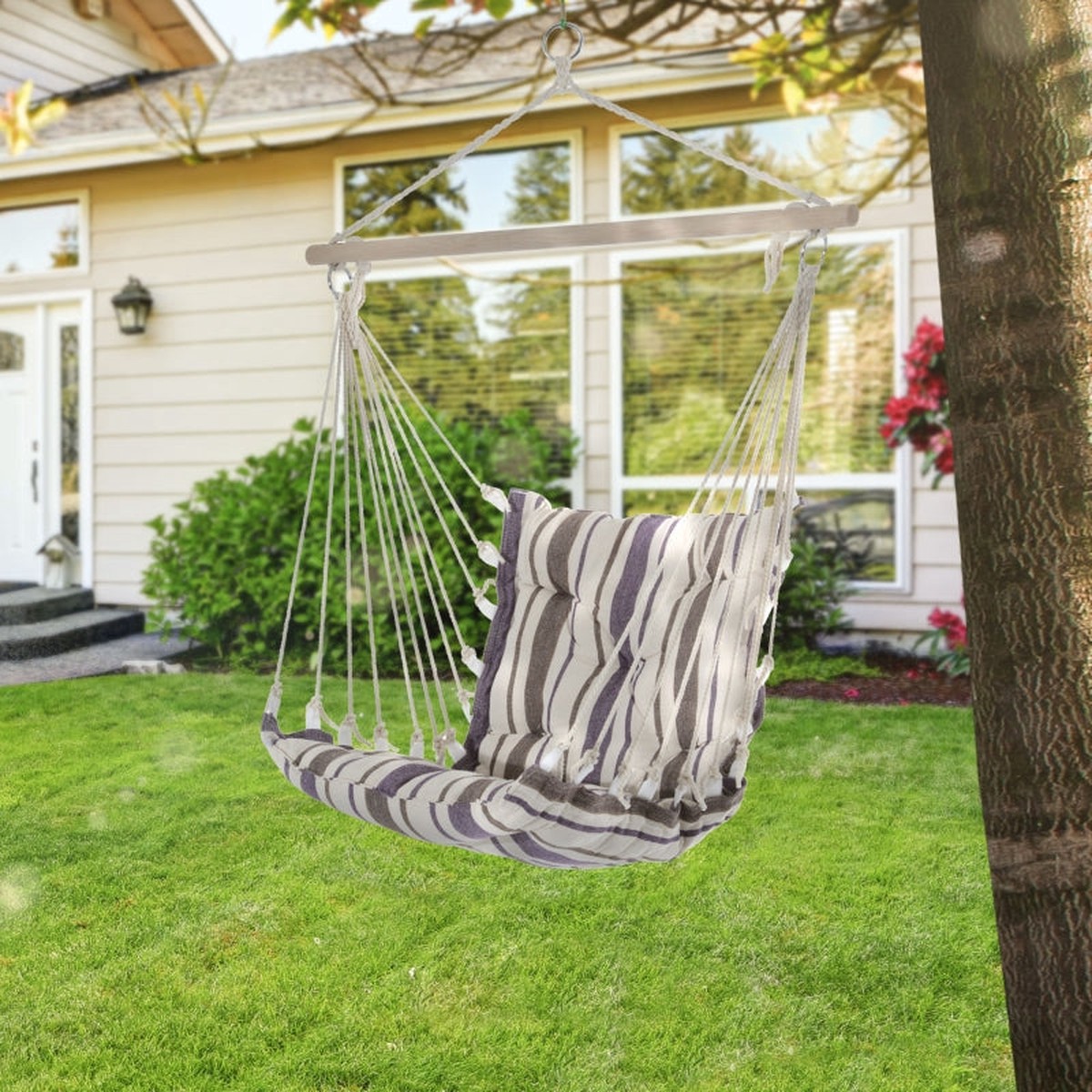 Outdoor Hanging Rope Chair, Padded Seat & Backrest Wooden Bar, Brown