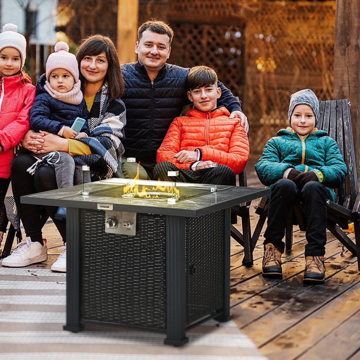 Outdoor PE Rattan Gas Fire Pit Table, Square Propane Heater 50,000 BTU, Black