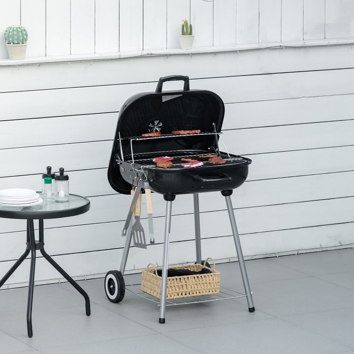 Portable BBQ Charcoal Grill with Lid, Utensils and 2 Wheels, Black Metal