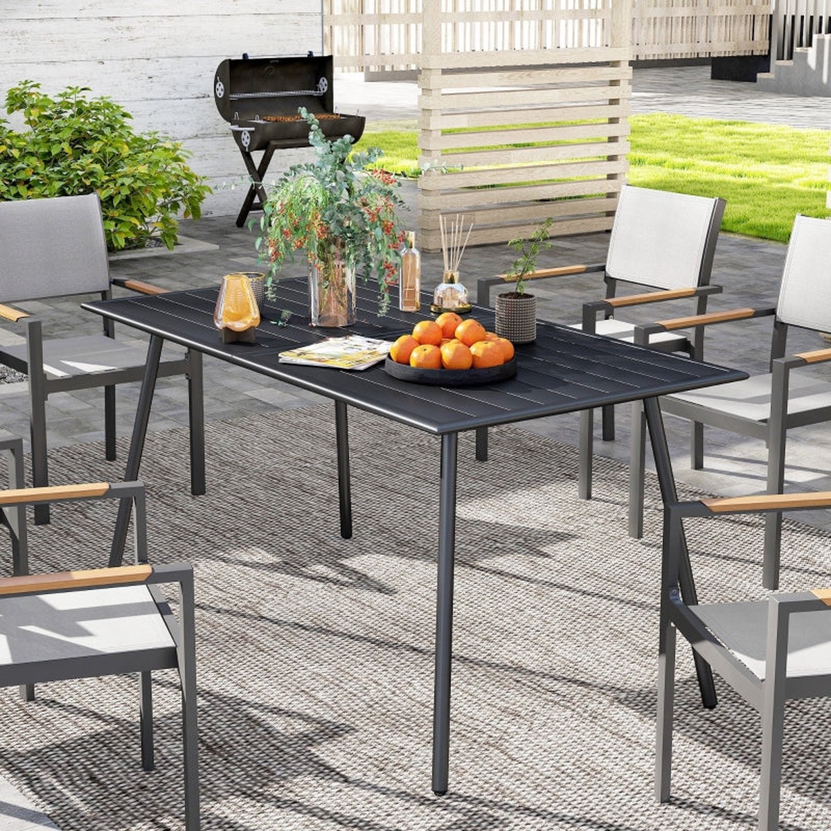 Rectangle Garden Table, Outdoor Slat Top 6 Person, Steel, Black