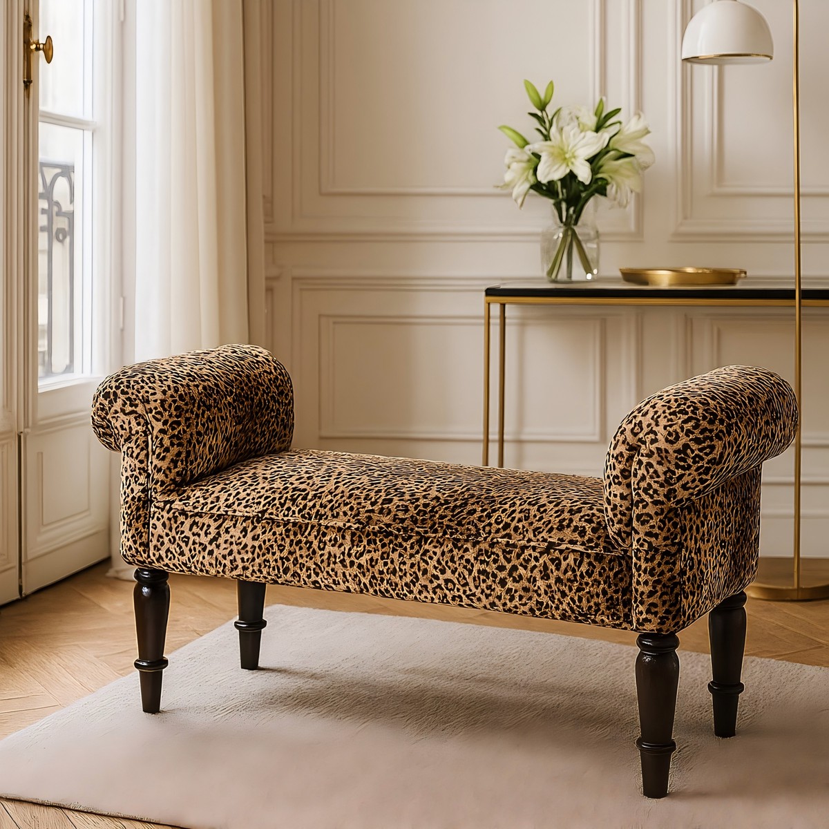 Solid Wood Bench, Leopard Print Upholstered Velvet, Brown