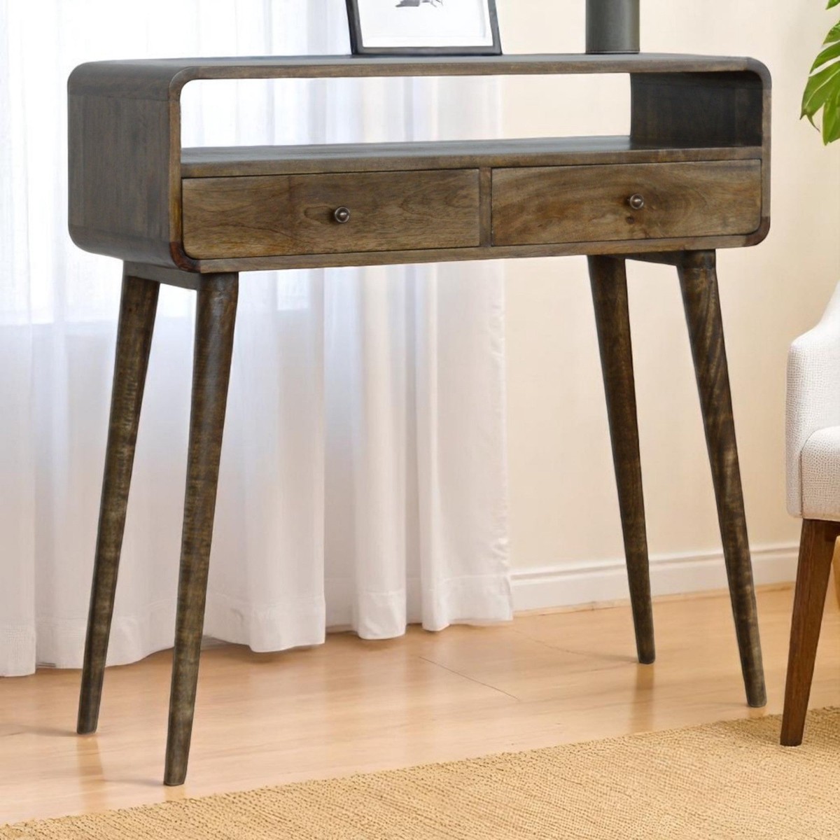 Solid Wood Console Table Curved 2 Drawers Open Slot, Brown