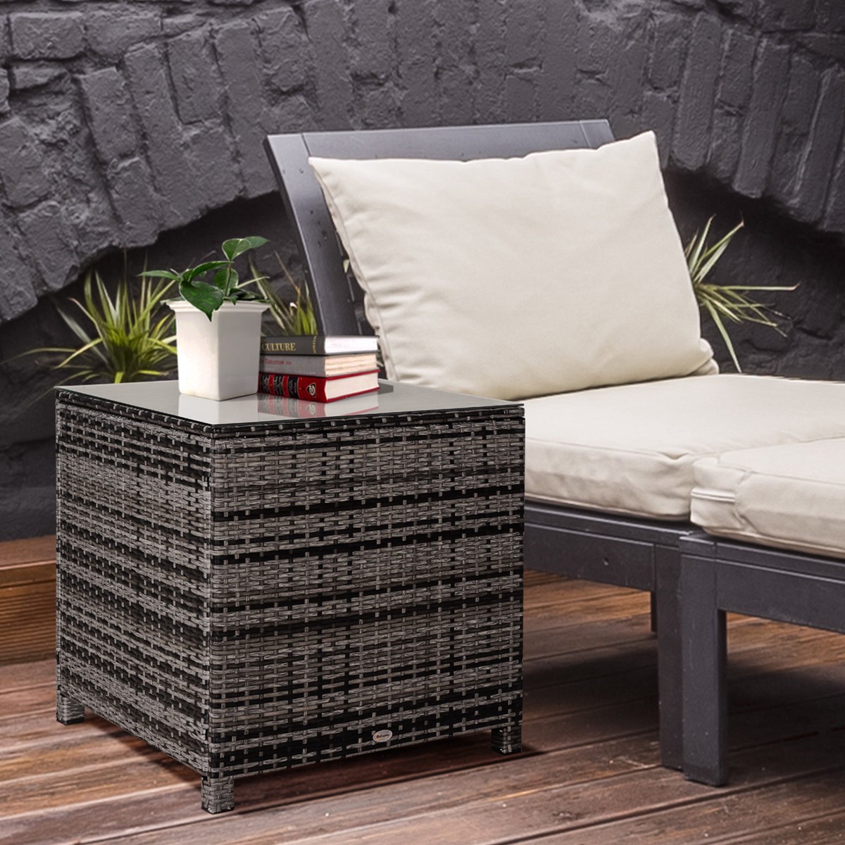 Square Garden Table, PE Rattan Glass Top - Grey