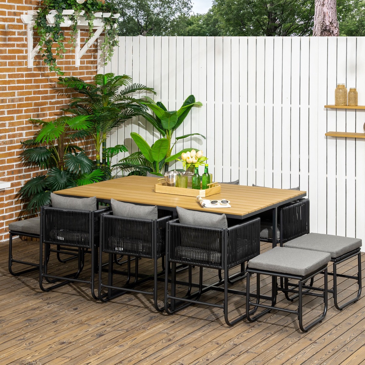 10 Seater Rattan Cube Garden Dining Set with Armchairs, Stools, Wood Grain Plastic Table, Black