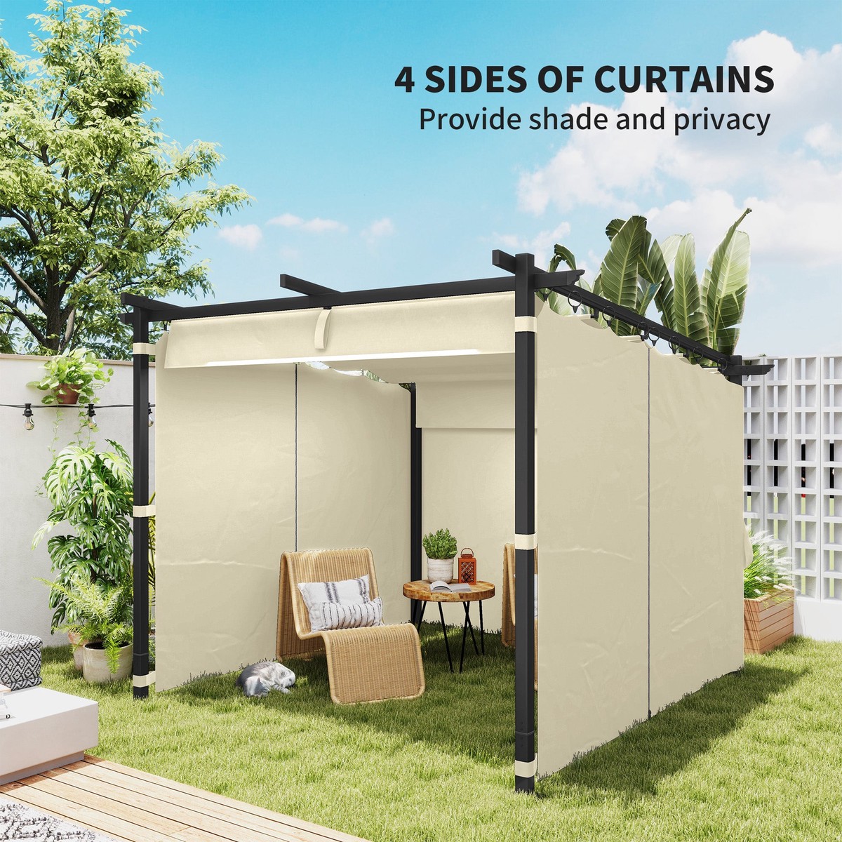 3 x 3 m Pergola, Retractable Roof and Curtains, Beige