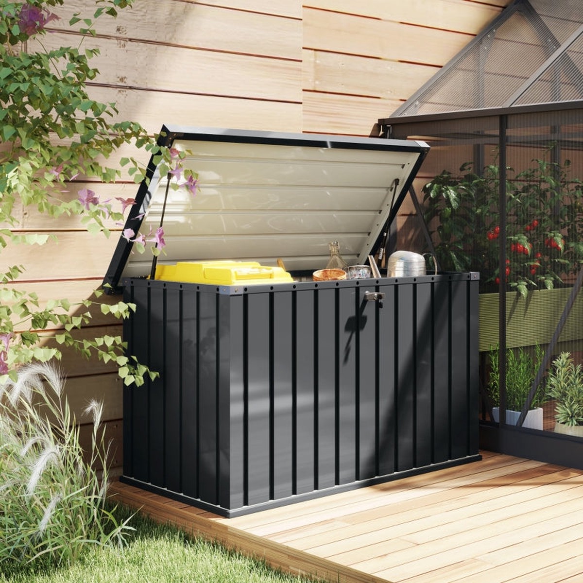 400L Garden Storage Box Lockable Galvanised Steel DARK GREY