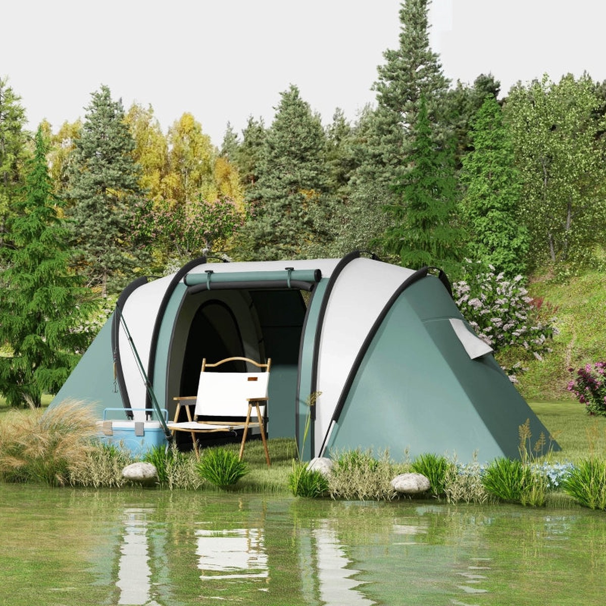 Camping Tent, 2 Bedrooms, Living Area, 3000mm Waterproof Family, Dark Green