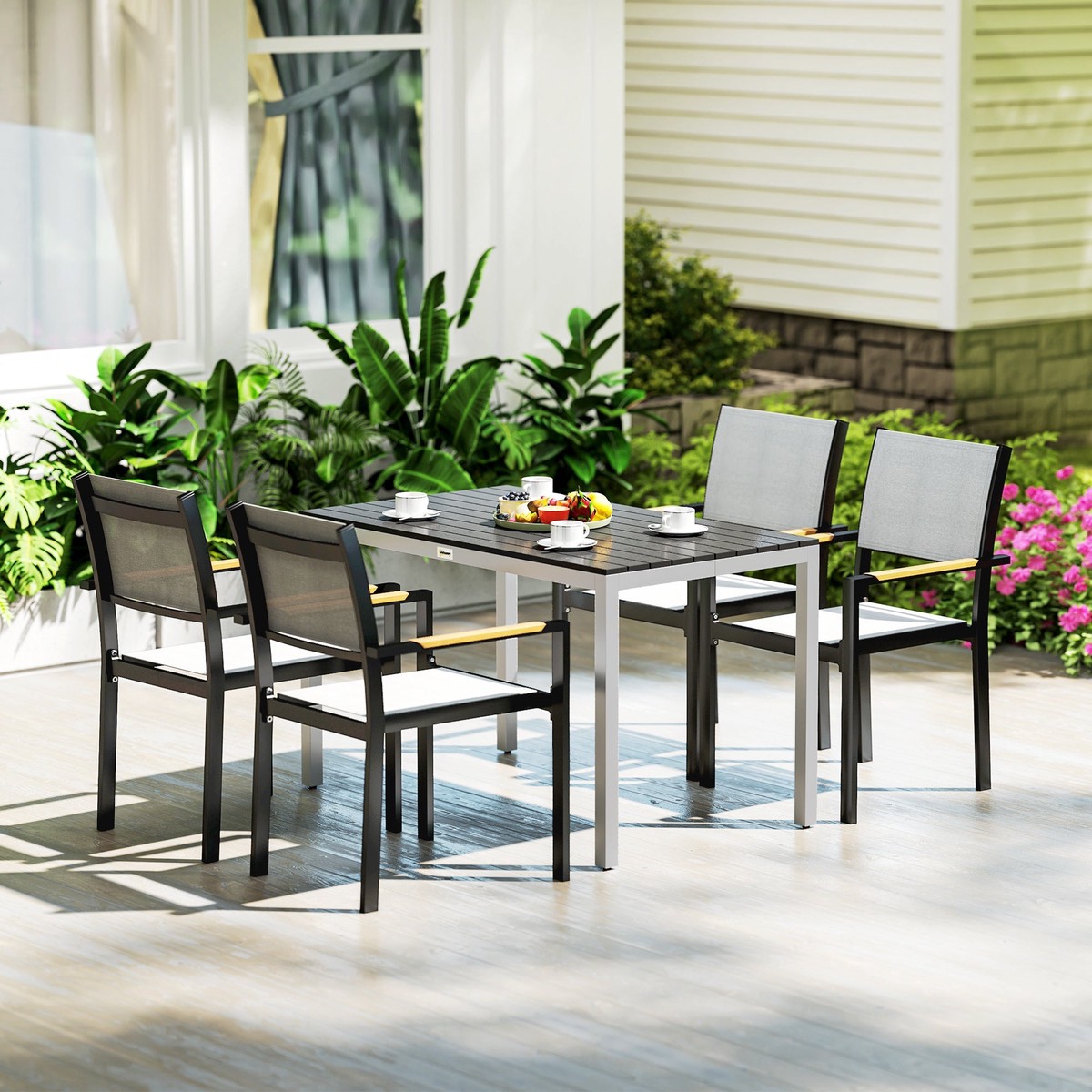 Garden Table 4-6 Seater 120x70cm Outdoor Dining Slatted Top Black Aluminium Frame