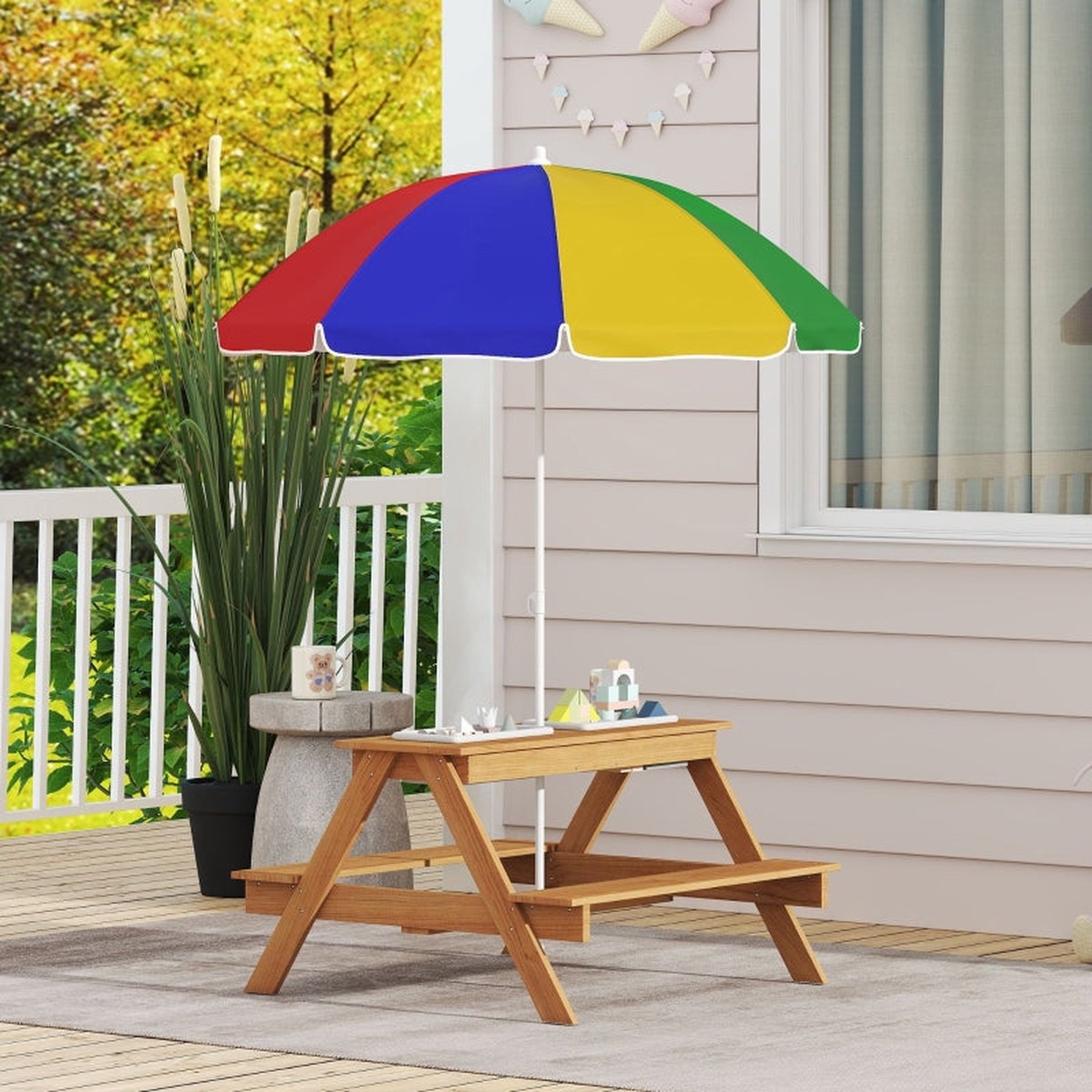 Kids Picnic Table, Sand/Water Table with Benches, Parasol & Storage Bins, Multicolor Wood