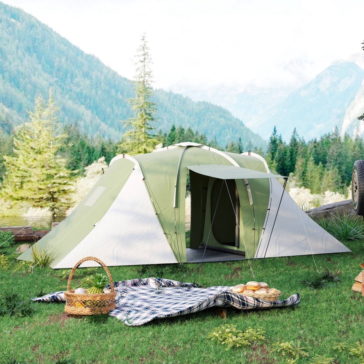 Large Camping Tent Tunnel, 2 Bedroom Living Area 2000mm Waterproof 4-6 Man, Green