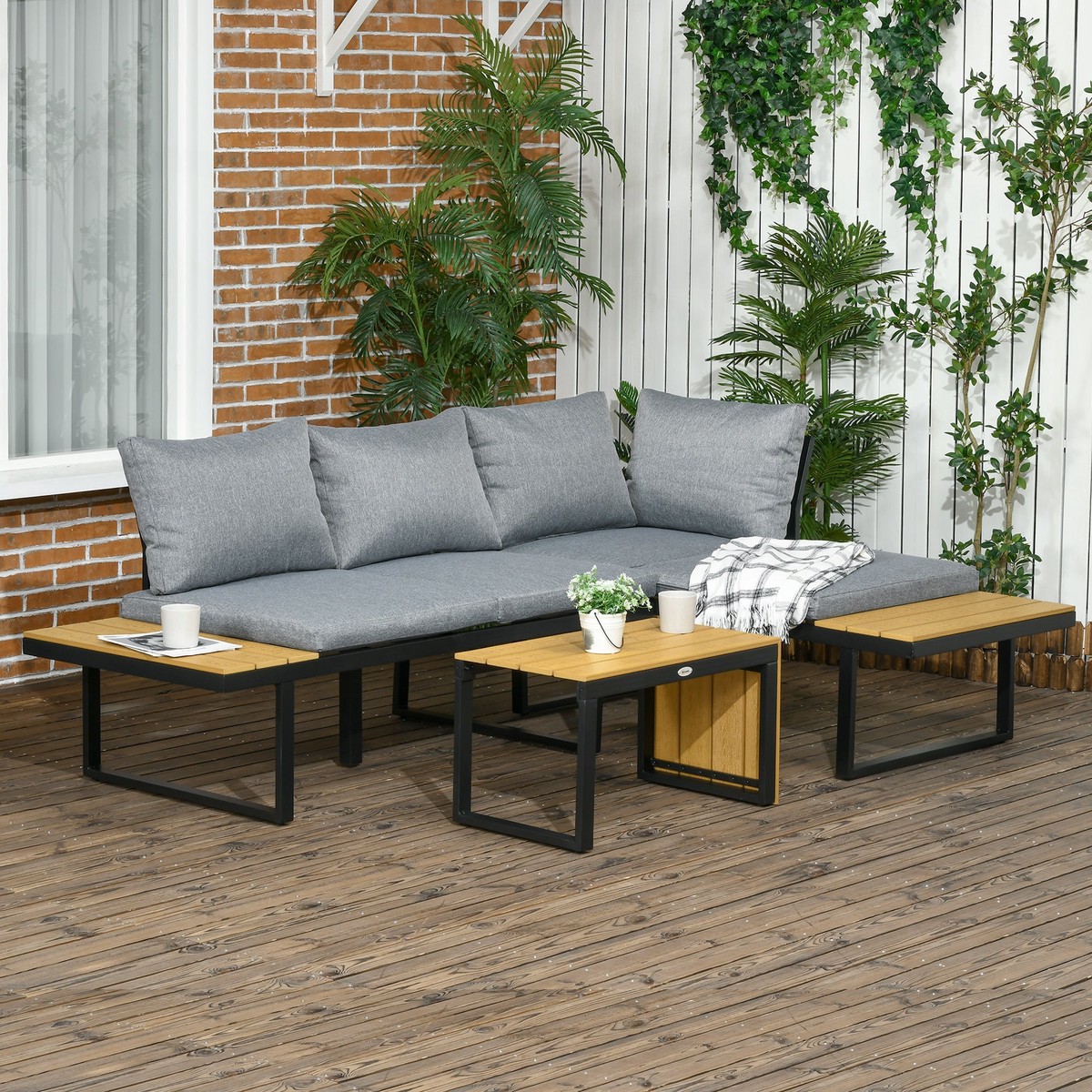 3 Pieces Patio Furniture Set Outdoor Sofa Conversation with Padded Cushions and Wood Grain Table, Dark Grey