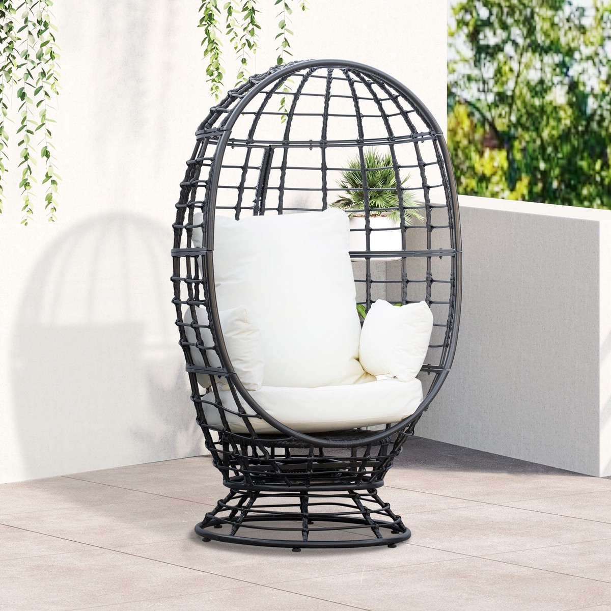 360 Swivel Egg Chair Rattan Garden Patio Chair with Cushion Black