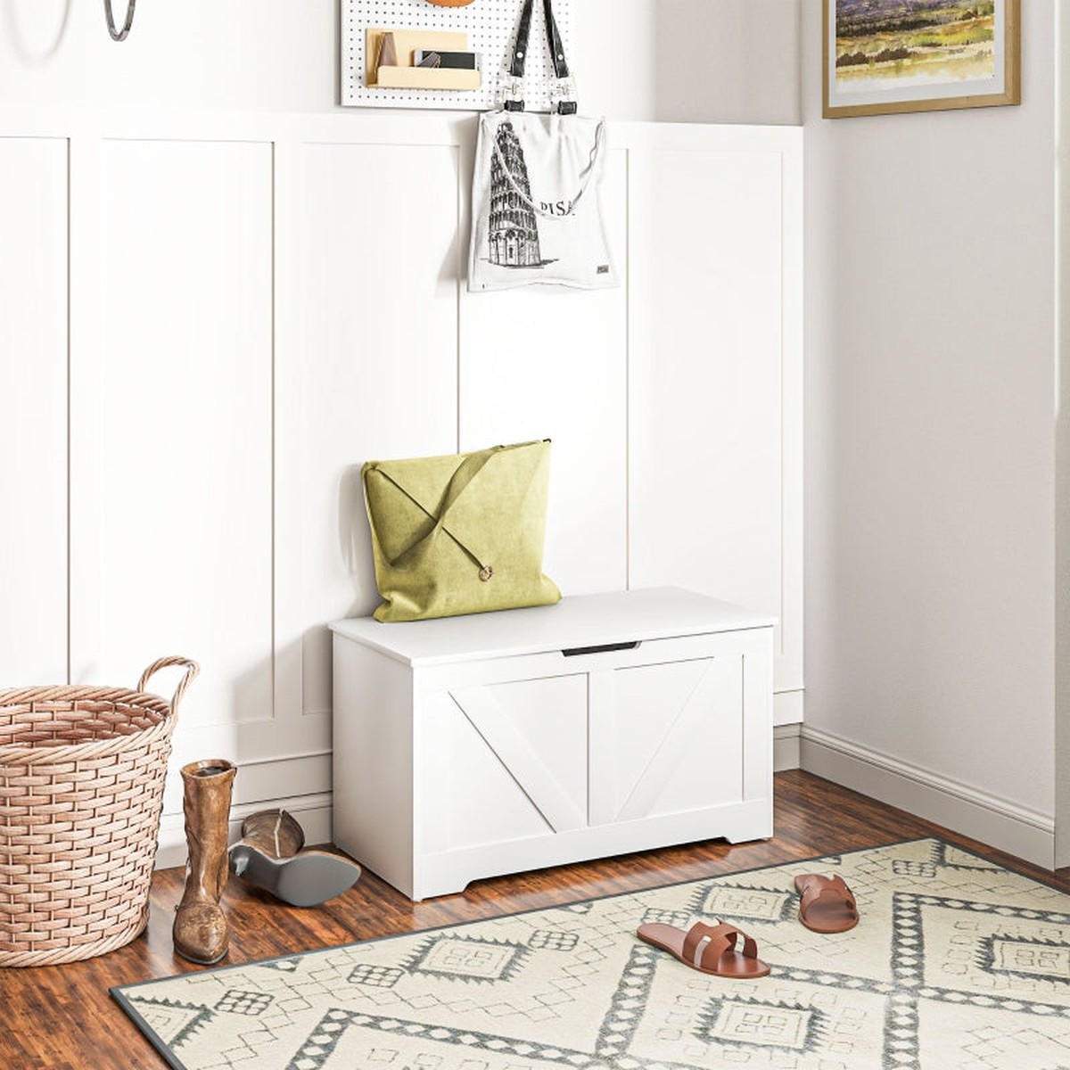 Home Storage Box 100L with Safety Hinges, White Wood-Effect