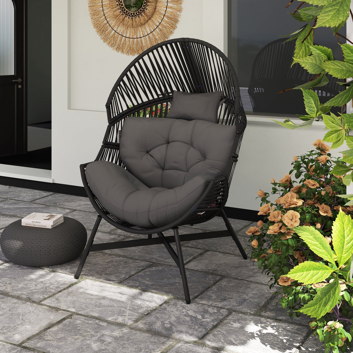 Rattan Egg Chair, Oversized Freestanding with Thick Tufted Cushion, Charcoal Grey