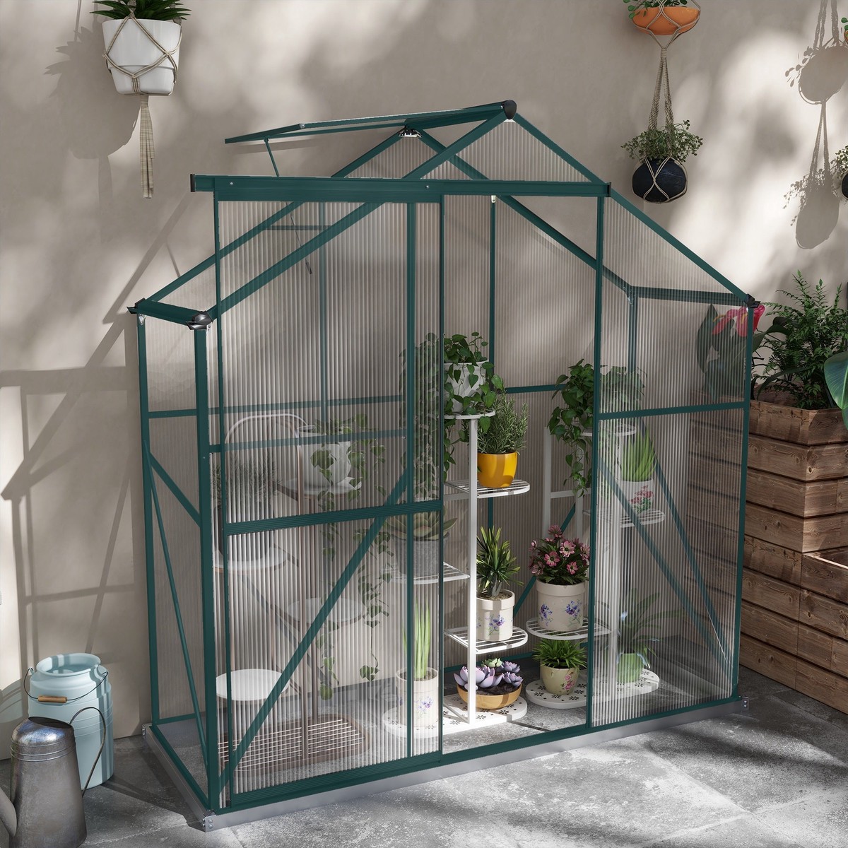 Greenhouse Walk-In with Rain Gutter, Sliding Door, Window, Foundation, Green