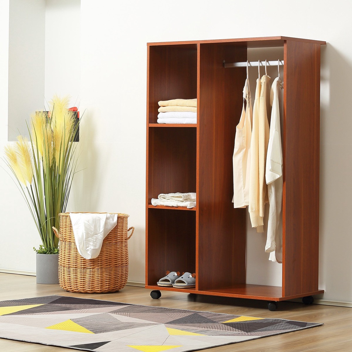 Open Wardrobe on Wheels, Clothes Hanging Rail & 3 Storage Shelves, Walnut
