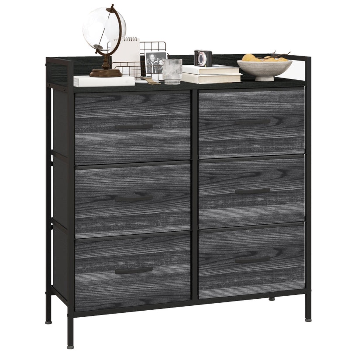 Rustic Chest of Drawers, Six Fabric Drawers - Black