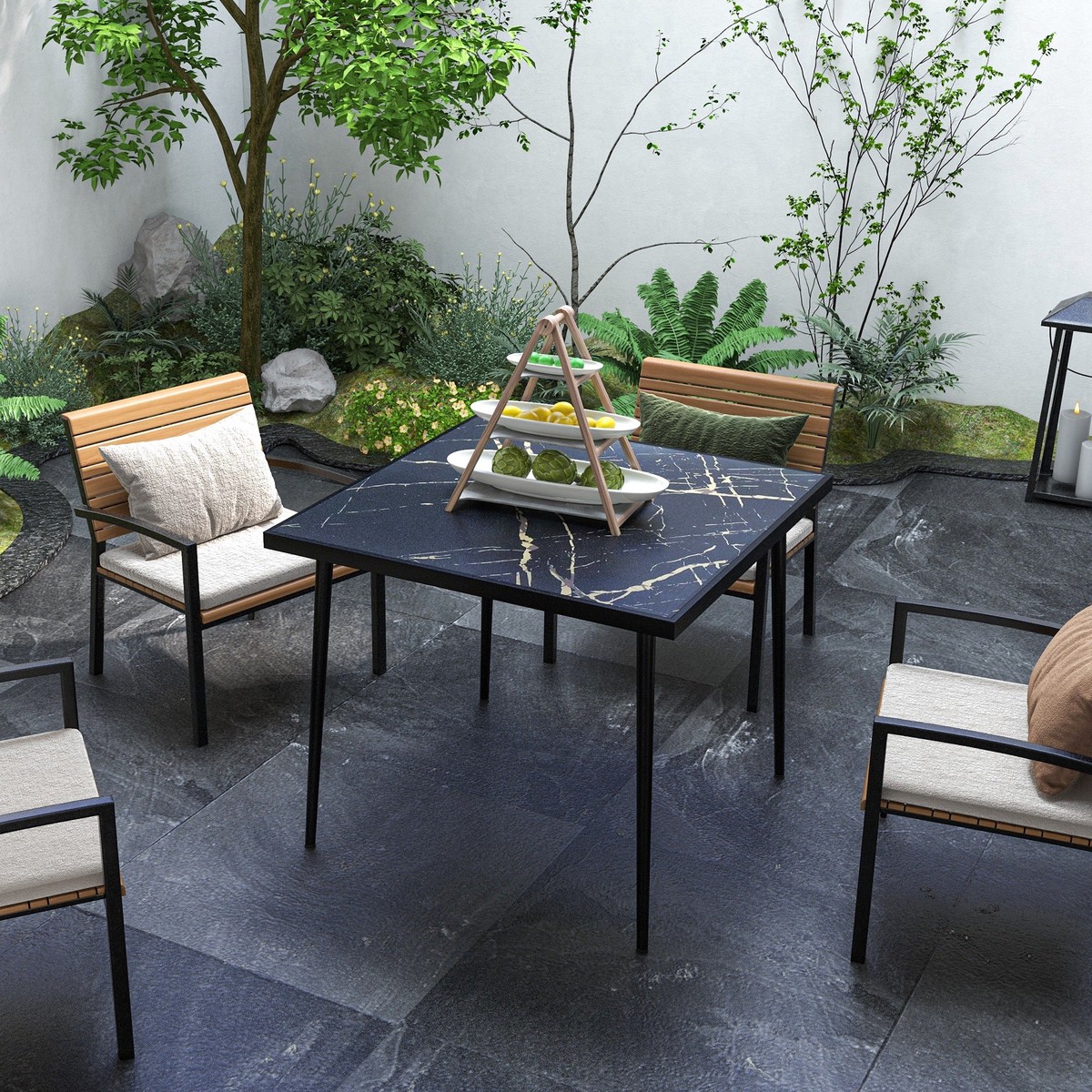 Square Garden Table Dining for 4 Marble Effect Glass Top Steel Frame, Black