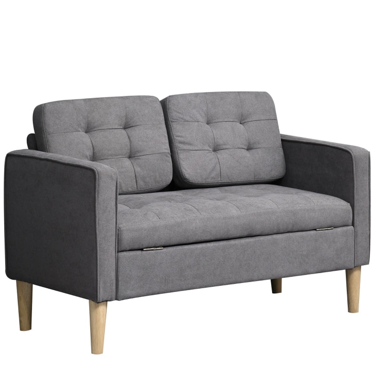 Modern 2 Seater Sofa with Hidden Storage & Wood Legs, Tufted Cotton Grey