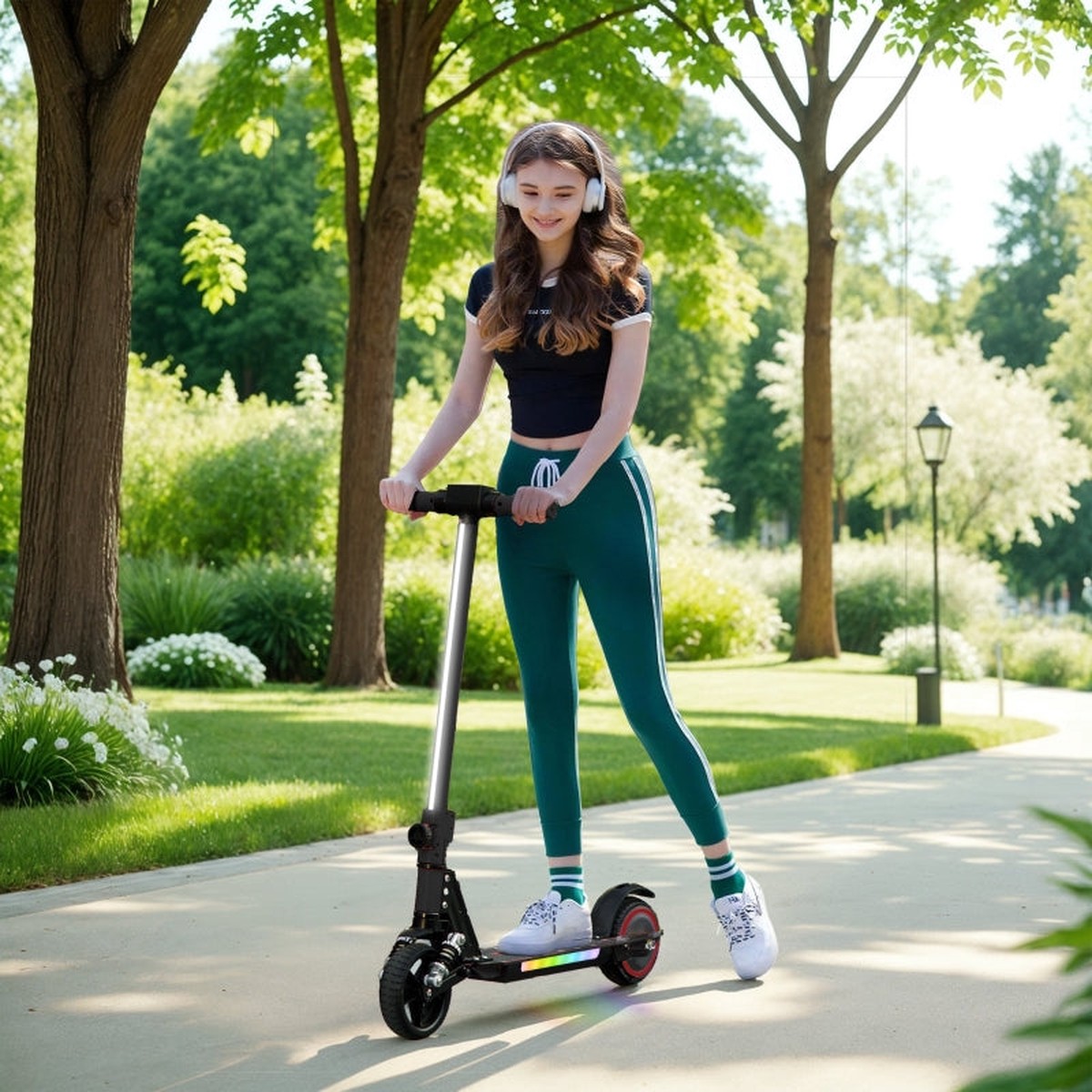 SPORTNOW Electric Scooter for Kids, Folding, Dual Brakes, Front Suspension, LED Colourful Lights, Black