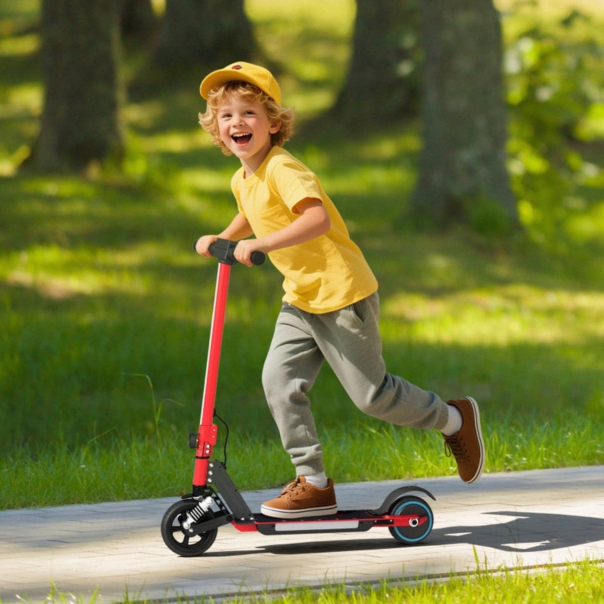 SPORTNOW Folding Electric Scooter for Kids, Dual Brakes, Front Suspension, LED Colourful Lights, Red