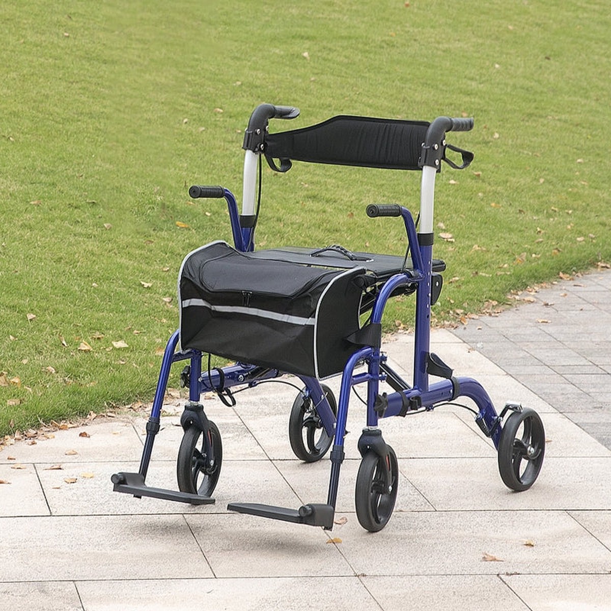 2 in 1 Wheelchair Transport Chair & Folding Rollator Walker with Seat, Backrest, Footrest, Lightweight, Adjustable Height, Pearl Blue