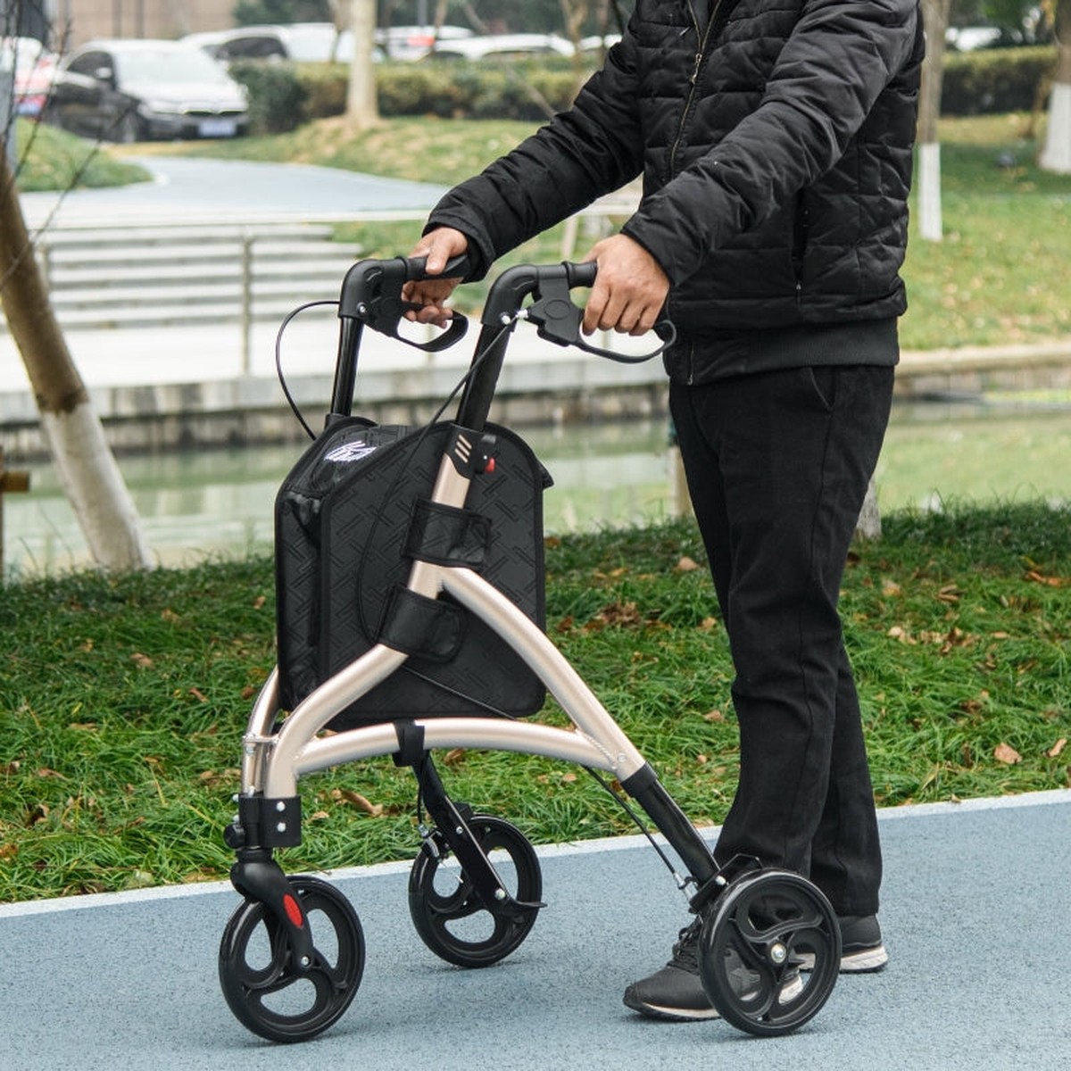 3 Wheel Rollator, Lightweight Aluminium Tri Walker with Adjustable Handle, Storage Bag, Dual Brakes, Gold Tone