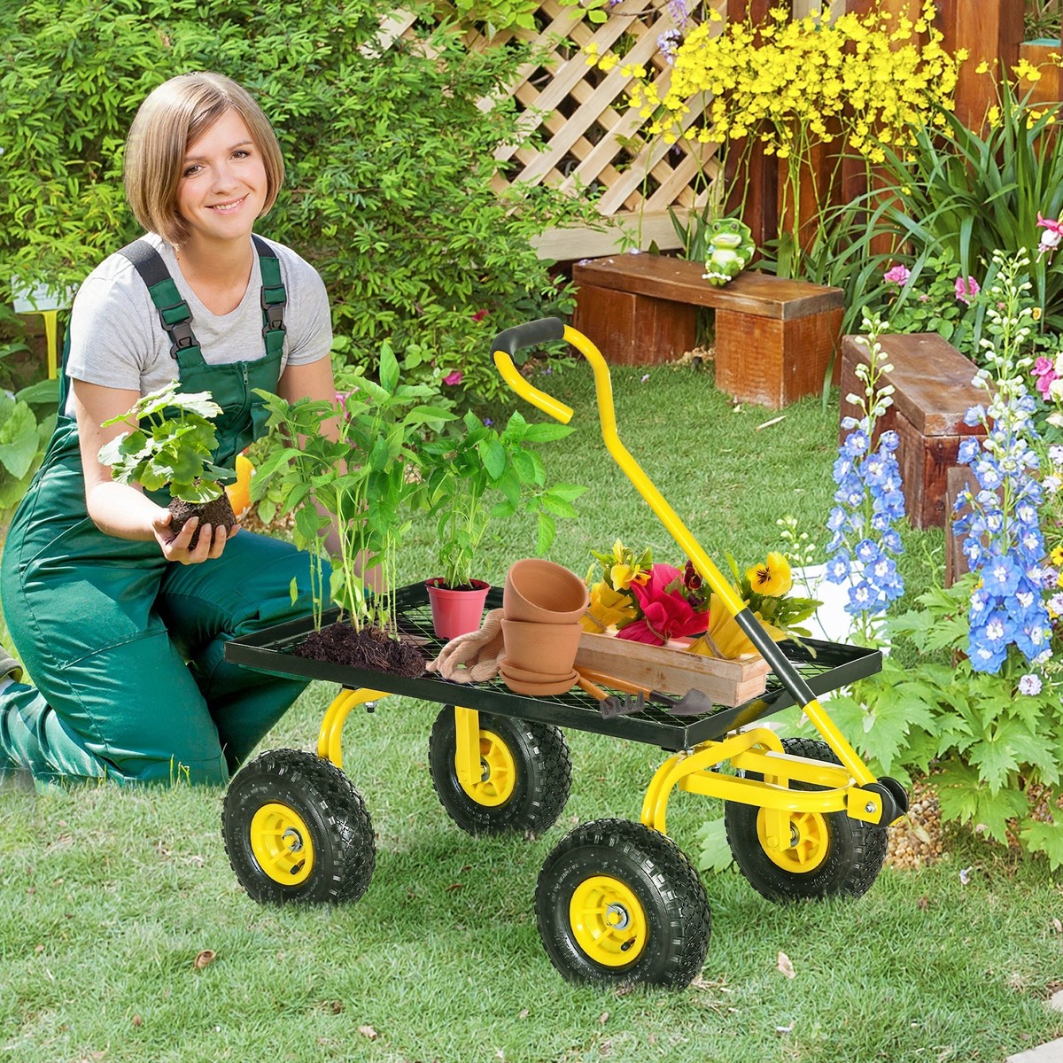 Garden Trolley Cart: Heavy Duty, 10" Pneumatic Wheels, 150kg Capacity, Yellow