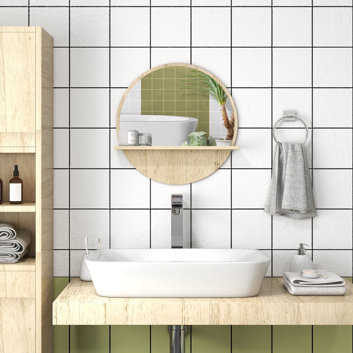 Kleankin Round Home Mirror with Shelf - Natural Wood Effect