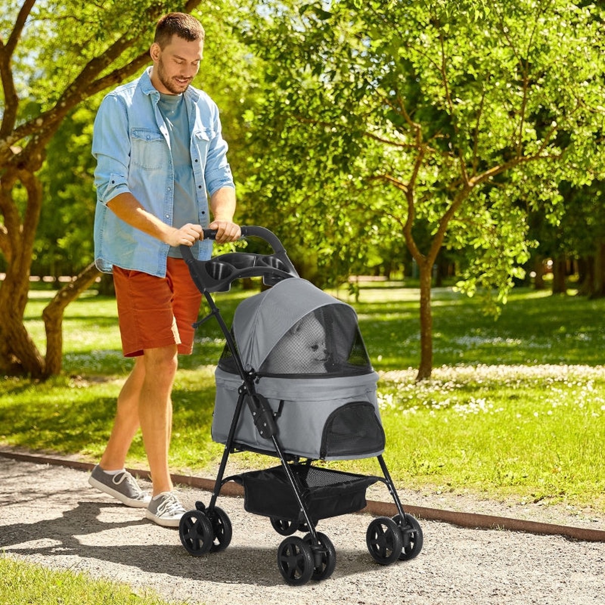 No-Zip Pet Stroller One-Click Fold Travel Pushchair with EVA Wheels, Grey