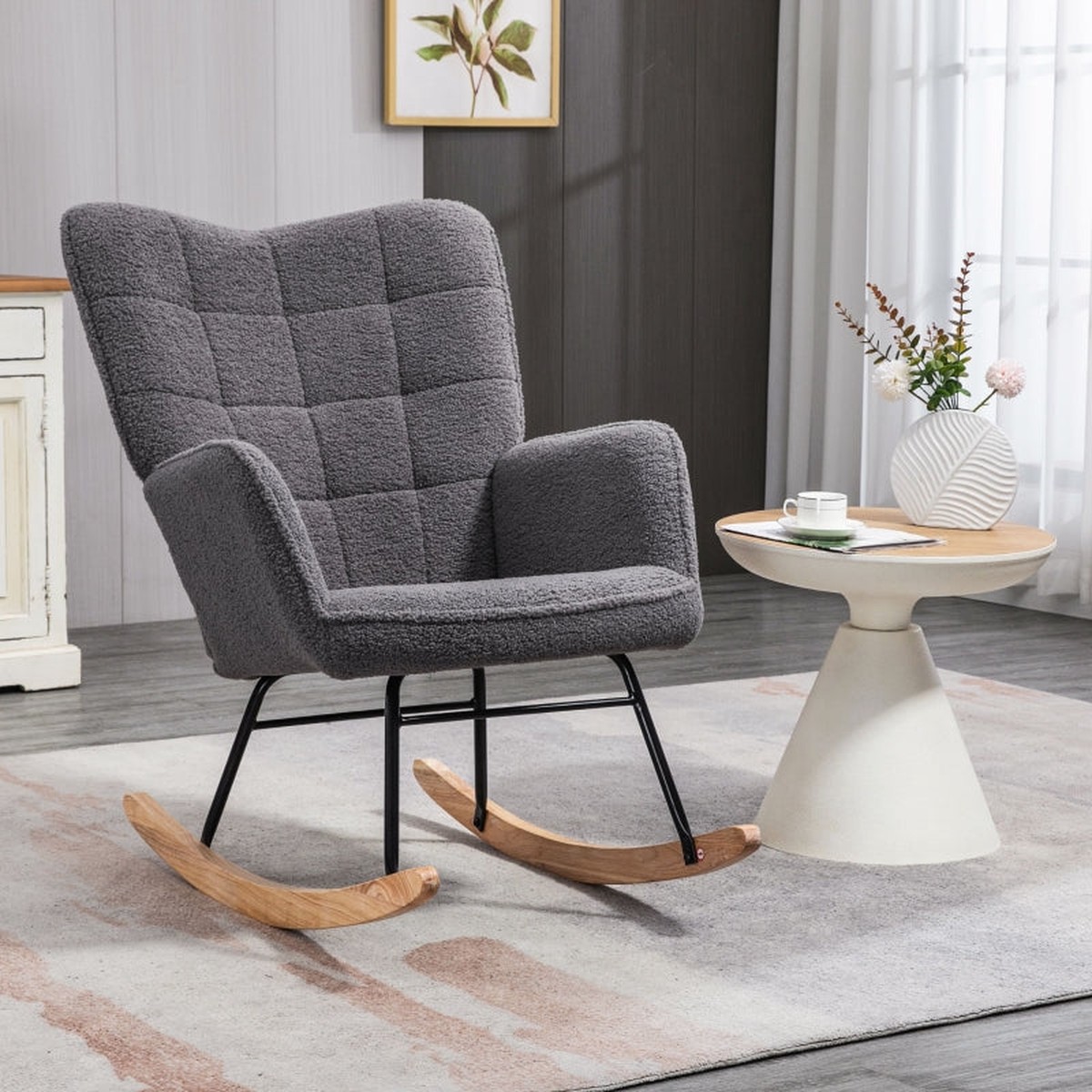 Berber Fleece Glider Rocker, Nursing Wingback Rocking Chair, Dark Grey
